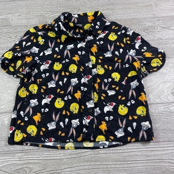 Warner Bros. Tops - Retro LOONEY TUNES Black & Gold Croped Shirt Small S Tweety Bugs Bunny Sylvester